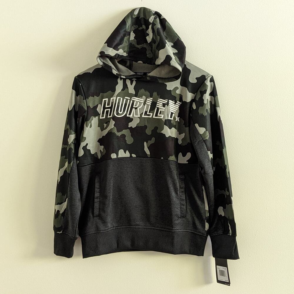 NWT Hurley H20 Dri Solar Pullover Hoodie Size 10/12 Green Camo Gray